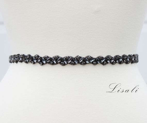 LISALI Bridal Belt Sash Black, Narrow Crystal Belt, Thin Wedding Belt, Bridesmaid Belt, Wedding Dress Belt, Rhinestone Sash