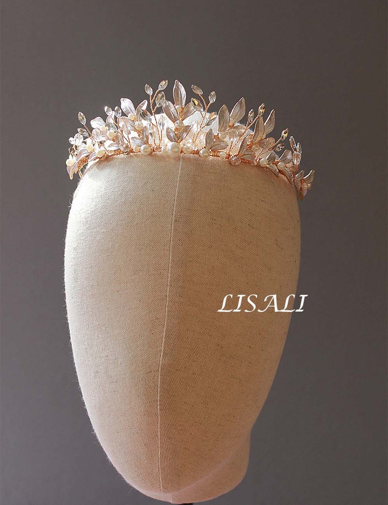 LISALI Pale Rose Gold Floral TiaraBotanical Bridal Tiara, Rhinestone Tiara, Bridal Crown, Wedding Crown , Bridal Wedding Headpiece Leaf image 3