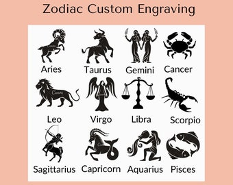 May include: Black and white illustrations of the 12 zodiac signs. The signs are arranged in two rows of six. The signs are Aries, Taurus, Gemini, Cancer, Leo, Virgo, Libra, Scorpio, Sagittarius, Capricorn, Aquarius, and Pisces.