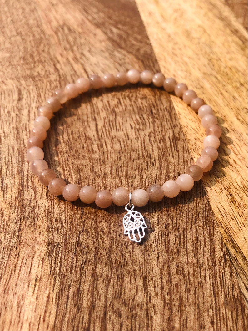 Pink Moonstone Bracelet Gemstone Bracelet Best Seller Bracelet Sterling Silver Hamsa Pendant Balance Bracelet Peace Bracelet