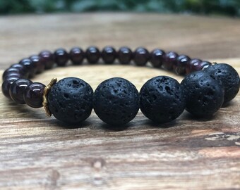 Garnet and Lava Stone Bracelet - Essential Oil Diffuser Bracelet, Garnet Bracelet, Lava Stone Bracelet, Garnet and Lava Stone Bracelet