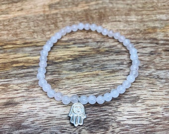 Rose Quartz Hamsa Bracelet - Sterling Silver Hamsa Pendant Bracelet, Rose Quartz Gemstone Bracelet, Rose Quartz Jewelry, Hamsa Pendant