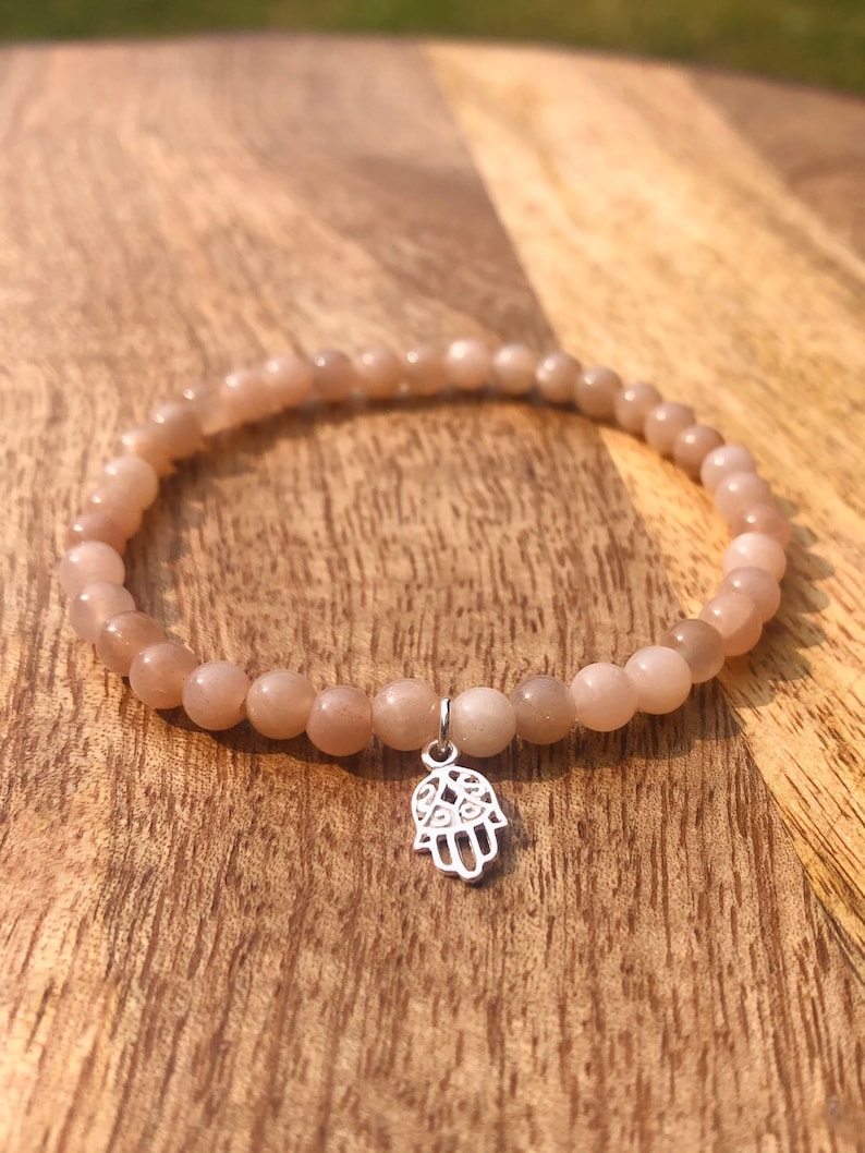 Pink Moonstone Bracelet Gemstone Bracelet Best Seller Bracelet Sterling Silver Hamsa Pendant Balance Bracelet Peace Bracelet