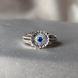 Evil Eye Signet Ring - Sterling Silver Evil Eye Ring, Evil Eye Ring, Blue Sapphire Stone Ring, Silver Evil Eye Ring