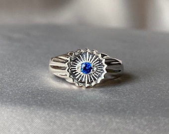 Evil Eye Signet Ring - Sterling Silver Evil Eye Ring, Evil Eye Ring, Blue Sapphire Stone Ring, Silver Evil Eye Ring