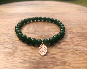 Jade Gemstone Bracelet and Rose Gold Leaf Charm - For Abundance and Prosperity, Heart Chakra Stones, Jade Bracelet, Jade Stone Bracelet