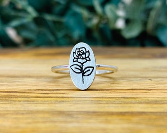 Rose Engraving Silver Ring - Rose Ring, Silver Rose Ring, Silver Rings, Rose Engraving Ring, Rose Gifts, Custom Engraving Ring