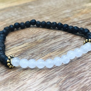 Lava Stone and Moonstone Bracelet, Gold Spacer Beads, Gemstone Bracelet for Strength and Peace