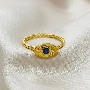 Evil Eye Blue Sapphire Stone Ring - Evil Eye Ring, Gold Plated Evil Eye Ring, Blue Sapphire Ring, Gold Plated Evil Eye Ring