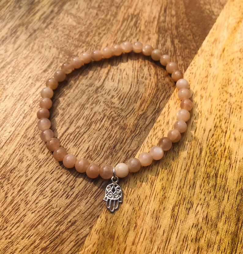 Pink Moonstone Bracelet Gemstone Bracelet Best Seller Bracelet Sterling Silver Hamsa Pendant Balance Bracelet Peace Bracelet