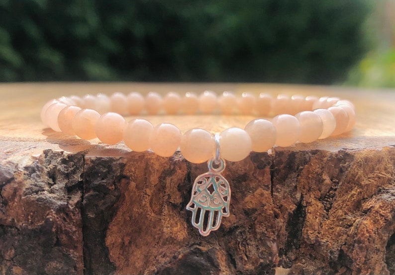 Pink Moonstone Bracelet Gemstone Bracelet Best Seller Bracelet Sterling Silver Hamsa Pendant Balance Bracelet Peace Bracelet