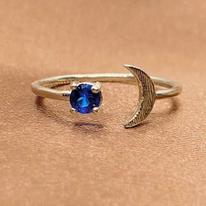 Moon Blue Sapphire Silver Ring, Silver Moon Ring, Blue Sapphire Stone Ring, Silver Celestial Ring, Blue Sapphire Ring,