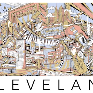 Op de afbeelding: Een kleurrijke, gedetailleerde illustratie van Cleveland, Ohio, met een stadsbeeld, muziekinstrumenten en een trein. De illustratie is in vintage stijl en bevat de tekst "CLEVELAND".