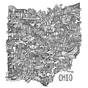 May include: A black and white ink illustration of the state of Ohio, filled with intricate line drawings of landmarks, cityscapes, industrial structures, and natural elements. The word OHIO is printed in the bottom right corner with the artist signature.