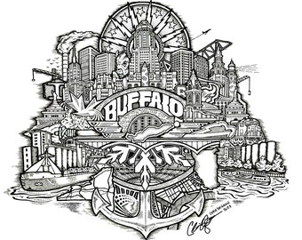 Buffalo NY Skyline Drawing – Freehand Ink Art Print