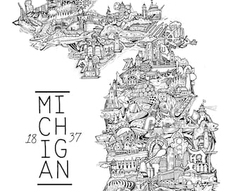 Michigan Map Drawing Print
