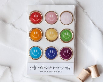 Rainbow Smiley Face Wax Seals | Set of 9 | Handmade Self Adhesive Wax Seals| Trendy Unique Stationery Ideas | Colorful Gold Mail Stickers