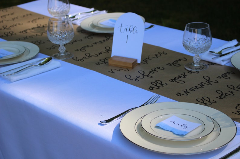 Custom Hand Written Table Runner Wedding Kraft Paper Table Runner Personalized Tablescape Decorating Wedding Cake Table Decorating image 5