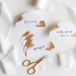 Calligraphy Semi-Circle Name Cards | Gold Leaf Escort Cards | Arch Place Cards | Unique Wedding Details | Custom Handwritten Name Cards