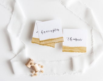 Handwritten Calligraphy Wedding Name Cards | Square Deckled Edge Place Cards | Metallic Wedding Details | Custom Favors | Tablescape Decor