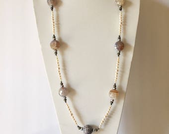 36” Opera station necklace. Real, genuine cultured Freshwater Pearls & Agate. White Beige Blue-Gray Black. Bold, Striking, Statement Jewelry