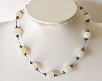 17.5” Tin Cup (Floating Illusion Station) necklace. Real genuine stones: Agate & Hematite. Bridal, Prom. Chic, Versatile Black-White Jewelry