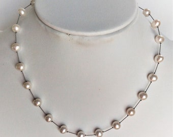 18” Tin Cup (Floating Illusion Station) necklace. Real genuine cultured Freshwater Pearls, White. Girl, women, Prom, Bridal Favorite Jewelry