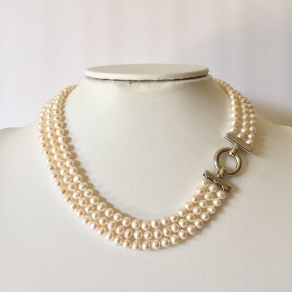 17” Triple strand,3 row Nested. Real,Genuine cultured Freshwater Pearl necklace, White. Rhodium-plated Sterling Silver clasp. Bridal Jewelry