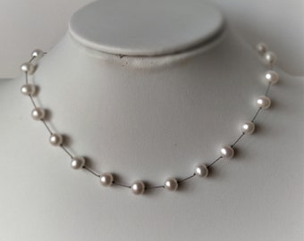 16” Tin Cup (Floating Illusion Station) necklace. Real genuine cultured Freshwater Pearls, White. Girl, women, Prom, Bridal Favorite Jewelry