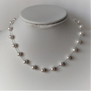 17” Tin Cup (Floating Illusion Station) necklace. Real genuine cultured Freshwater Pearls, White. Girl, women, Prom, Bridal Favorite Jewelry