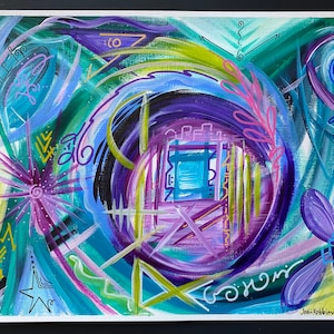 May include: Abstract painting with a swirling purple and blue center, surrounded by green, yellow, and pink lines and shapes. The painting has a star, a flower, and the artist's signature, "Judi Robbins", in the bottom right corner.