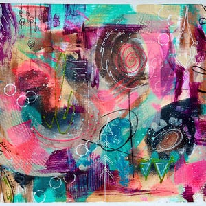 May include: Abstract painting with a mix of bright colors, including pink, blue, green, and purple. The painting features geometric shapes, swirls, and lines.
