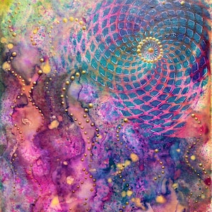 May include: Abstract artwork with a vibrant color palette. The painting features a spiral design in shades of blue and pink, overlaid with a grid pattern. Gold-colored dots and splashes of purple, green, and yellow create a textured effect.