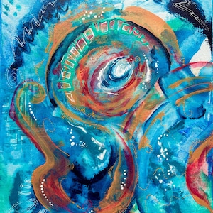 May include: Abstract painting with swirling blue, green, orange, and red colors. The painting has a textured surface and a white background.