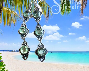 Long Faceted Green Amethyst Prasiolite Dangle Earrings in Sterling Silver