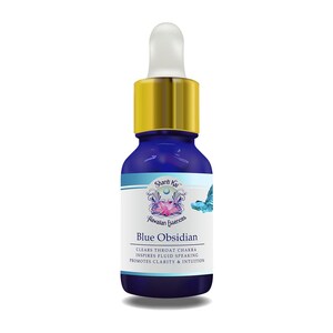 May include: A blue glass bottle with a gold cap and a dropper. The label reads "Shanti Kay Hawaiian Essences Blue Obsidian Clears Throat Chakra Inspires Fluid Speaking Promotes Clarity & Intuition".