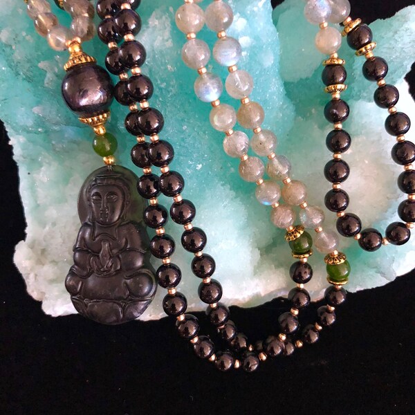 Labradorite, Black Tourmaline, & dark green Jade Kuanyin Mala-Christmas sale was  144
