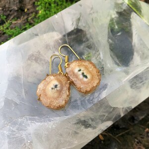 Puede incluir: Un par de pendientes de tono dorado con una piedra de ágata marrón claro con inclusiones blancas y negras. Las piedras están engastadas en un marco de alambre y tienen una forma natural y orgánica.