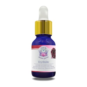 May include: A blue glass bottle with a gold cap and a white dropper. The label reads "Erythrite" and "Hawaiian Essences". The label also includes the text "INSPIRES DIVINE PURPOSE, ENCOURAGES FAITH & FORGIVENESS, PROMOTES SPIRITUAL TRANSFORMATION."