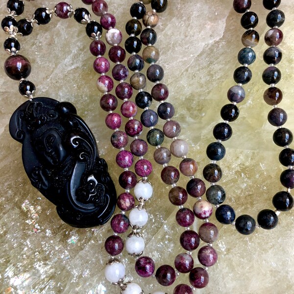 Root to Crown Healers Mala - Tourmaline amd Moonstone Mala with Obsidian Kuanyin-on sale thru Cyber Monday was 162