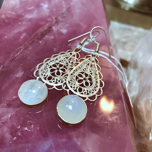 Moonstone and Fancy Indian White Silver Dangle Earrings