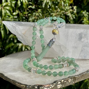 Green Aventurine Mala Necklace With Clear Crystal Quartz, Agate Guru Bead and Silver Accents Mother's Day Gift Gift For Him image 3