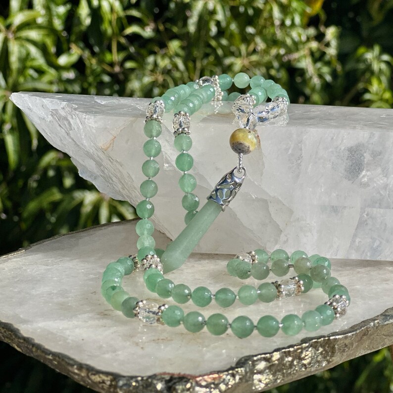 Green Aventurine Mala Necklace With Clear Crystal Quartz, Agate Guru Bead and Silver Accents Mother's Day Gift Gift For Him image 3