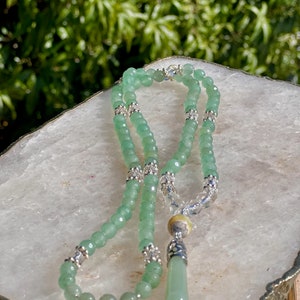 Green Aventurine Mala Necklace With Clear Crystal Quartz, Agate Guru Bead and Silver Accents Mother's Day Gift Gift For Him image 2