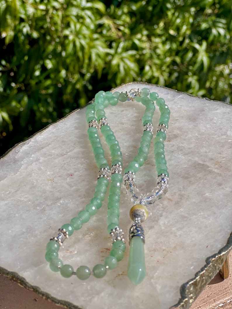 Green Aventurine Mala Necklace With Clear Crystal Quartz, Agate Guru Bead and Silver Accents Mother's Day Gift Gift For Him image 2