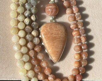 Sacral Chakra Multi-Colored Moonstone Mala with Peach Aventurine and Sterling Silver Pendant