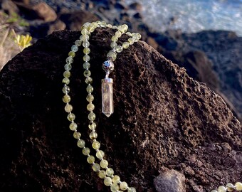 Creativity & Focus Prehnite with Black Tourmaline and Crystal Quartz Point in Sterling Silver Mala handmade Tibetan Metal Gurubead