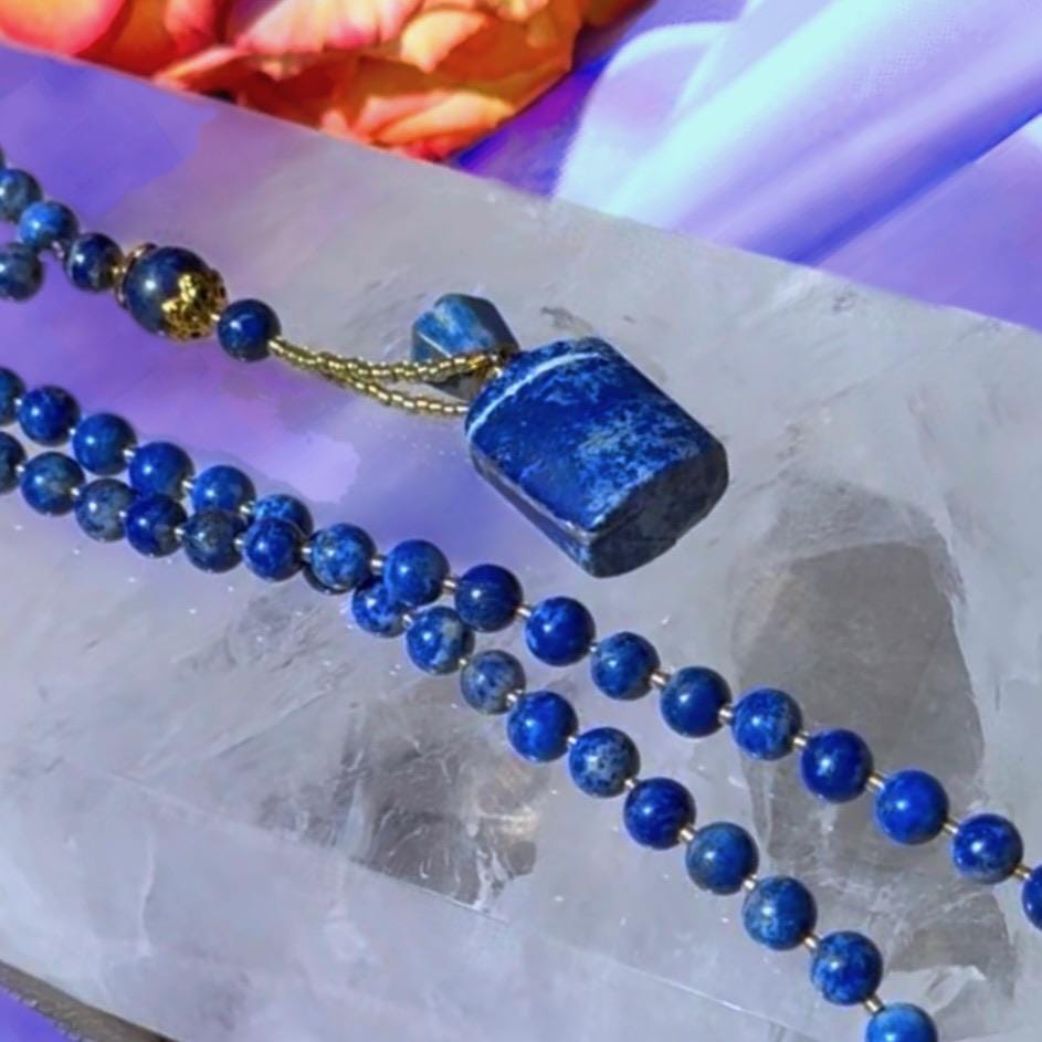 Lapis Lazuli Mala Necklace with Perfume Pendant: Prayer Beads for Meditation & Protection