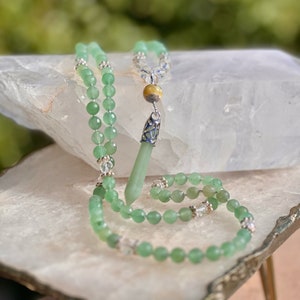 Green Aventurine Mala Necklace With Clear Crystal Quartz, Agate Guru Bead and Silver Accents Mother's Day Gift Gift For Him image 1