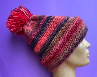 Pure new wool crocheted beanie slouch hat Cosy fire red chocolate